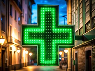Green LED Pharmacy Cross Sign, Hospital Sign, Night Street Scene, Medical Signboard, Healthcare Signage, Illuminated Cross, Pharmacy Exterior, Medical Building, Street Photography