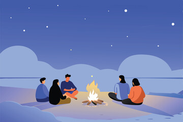 A group of friends laughing and sharing stories around a crackling campfire on a serene beach at sunset.