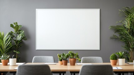 Modern office meeting room with chairs, table, plants, and blank whiteboard on gray wall. Ideal for presentations and discussions.