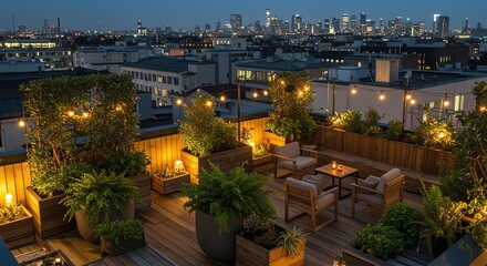 Obraz premium Rooftop Garden at Night Cityscape View Relaxing Urban Oasis