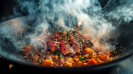 Grilled steak cooking in a hot pan surrounded by soft seasoning and rich herbs