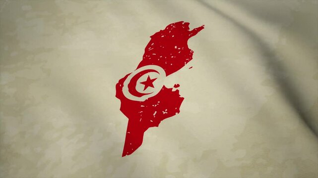 Wavy Map of Tunisia with Flag in Body Isolated on Vintage Background