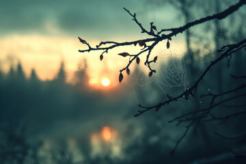 Spiderweb Hanging on Tree Branch Reflecting Orange Sunrise over Misty Lake