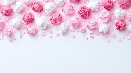Pink and white rosebuds and petals background.