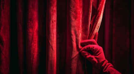 Red theater curtain with dramatic folds and spotlight