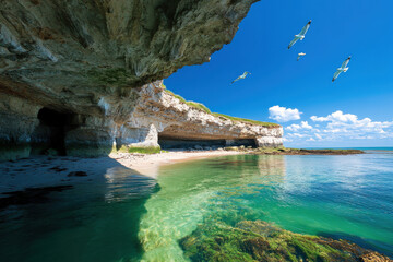 Naklejka premium Seagulls flying over a beautiful beach with turquoise water and white cliffs and caves