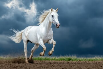 Obraz premium Majestic White Horse Galloping Under Dramatic Cloudy Sky