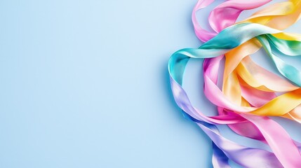 Fototapeta premium Vibrant pastel satin ribbons arranged in elegant waves on a solid light blue background with copy space.