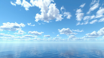 Serene Ocean Horizon with Fluffy Clouds in a Clear Blue Sky - Peaceful Seascape Photograph for Relaxation and Meditation