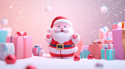 A cartoonish santa standing in front of a pile of presents