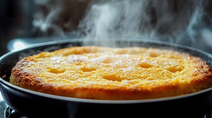 Golden cornbread cooking in a hot pan with soft steam rising and fluffy texture