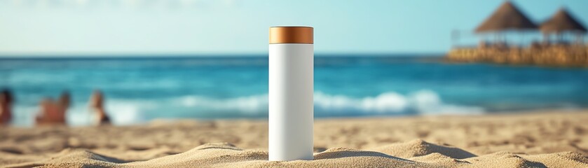 Obraz premium An SPF sunscreen bottle in a beach setting with sand and sea waves in the background