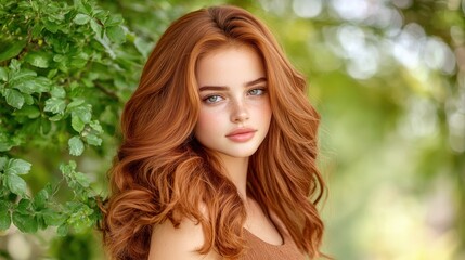Naklejka premium The woman, with her flowing, chestnut colored locks cascading down her back, gazes confidently into the lens, captivating viewers with her intense stare.