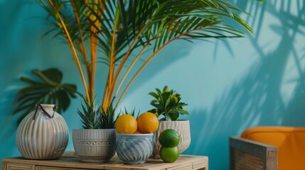 Obraz premium Tropical plants and fresh fruits in a modern setting