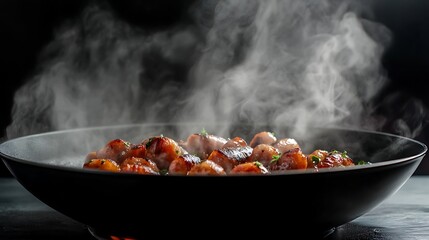 Hot pan with grilled sausages sizzling surrounded by soft aromatic steam