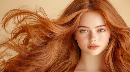 Fototapeta premium The woman, with her flowing, chestnut colored locks cascading down her back, gazes confidently into the lens, captivating viewers with her intense stare.