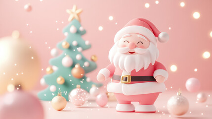 A cartoonish santa standing in front of a Christmas tree