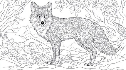 Naklejka premium Ornate Fox in Mountainous Landscape Coloring Page