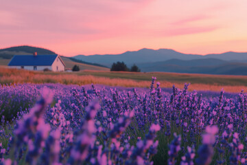 Obraz premium Lavender field blooming at sunset with farmhouse and mountains in background