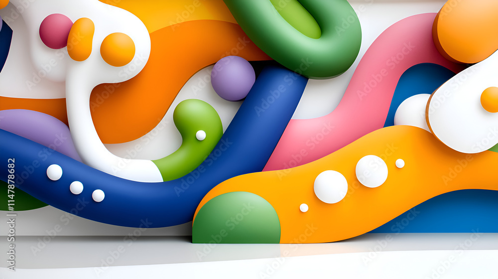 Poster a vibrant abstract composition featuring colorful curved shapes and playful design elements.