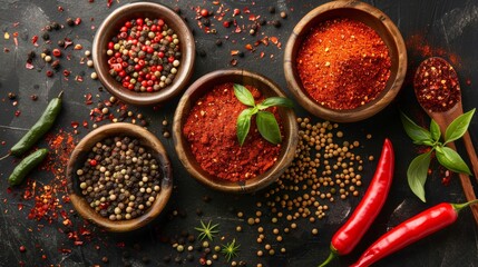 Assorted spices and chili peppers in wooden bowls