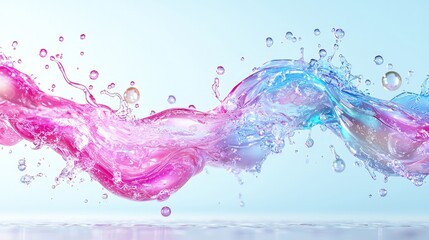 Abstract flowing pink and blue liquid with splashes and bubbles on light background.