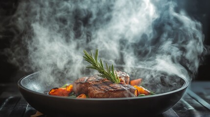 Hot pan with grilled steak sizzling surrounded by steam and aromatic rosemary sprigs