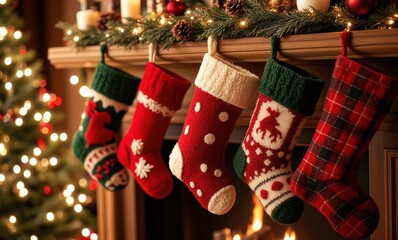 Colorful Christmas stockings hanging decoratively