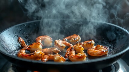 Fresh stir-fried shrimp sizzling in a hot pan with gentle steam rising above