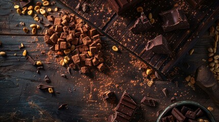 Dark Chocolate and Cocoa Pieces on Wooden Table