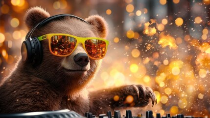 The neon party DJ bear is wearing vibrant sunglasses and headphones, ready to spin the coolest beats all night long.