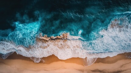 Aerial View of Turquoise Ocean Waves Crashing on Sandy Beach
