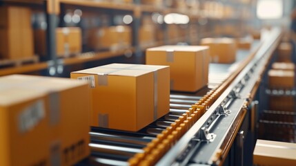 Cardboard Boxes on Conveyor Belt in Warehouse