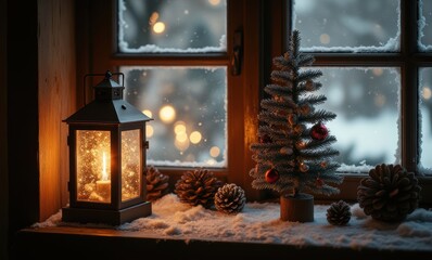 Cozy winter scene with lantern and tree