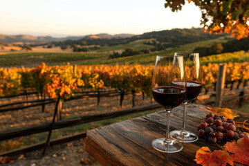 Two glasses of red wine standing on wooden table at sunset in autumn vineyard