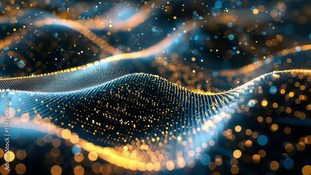 Poster golden particles flowing and glowing like a futuristic big data stream in digital cyberspace, creati