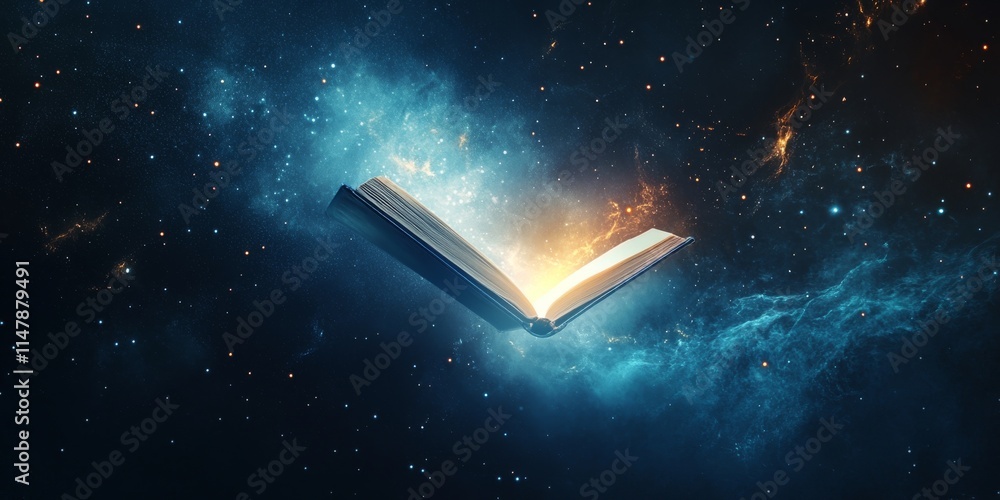 Poster a book is open in space with stars and galaxies in the background