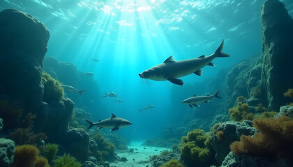 Obraz premium Baikal Underwater World: Image of clear water with visibility of underwater plants and unique inhabitants such as Baikal seal and omul.