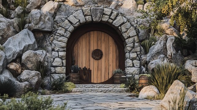 A round wooden door set in a stone archway, surrounded by rocks and greenery.  The scene evokes a sense of mystery and fantasy. - Powered by Adobe