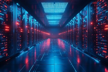 Fototapeta premium Futuristic Server Room with Vibrant Neon Lighting