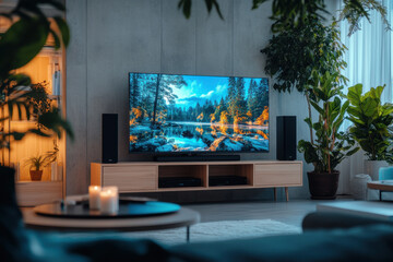 Modern living room with large television showing beautiful nature landscape