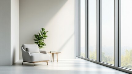 Minimalist modern lounge with elegant, clean decor. Featuring sleek lines and muted tones