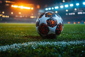 Soccer Ball on a Stadium Field at Night