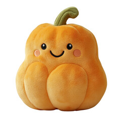Orange anthropomorphic pumpkin plushie with cheerful expression, transparent PNG for decorative purposes