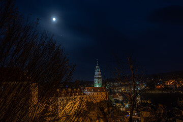 Beautiful town of Česk&yacute; Krumlov on the Vltava River in the full moon night Czech Republic