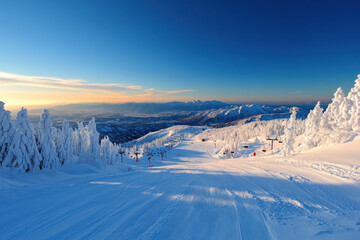 Ski slope overlooking snowy mountain range at sunset