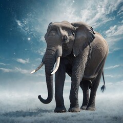 Fototapeta premium An elephant walking in a dreamy white and blue celestial landscape.