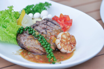 beef steak in gravy sauce or barbecued beef or grilled beef and vegetable