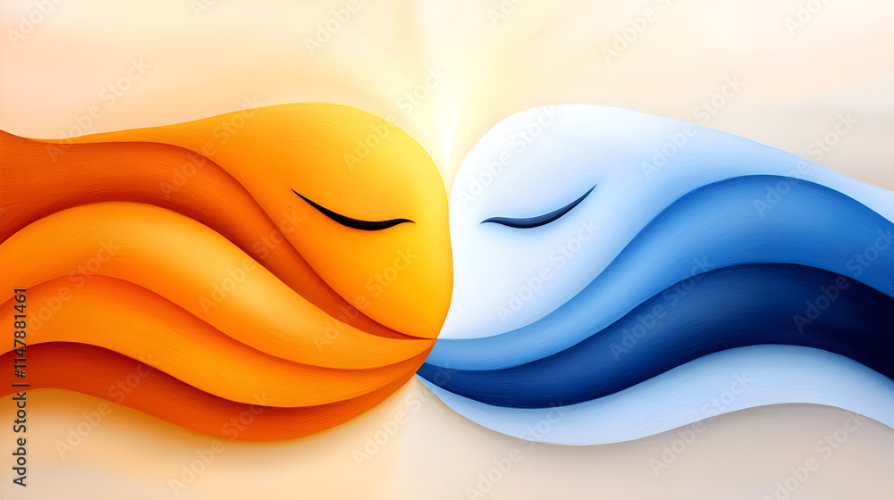 Poster a vibrant abstract representation of two stylized faces merging, symbolizing connection and harmony.