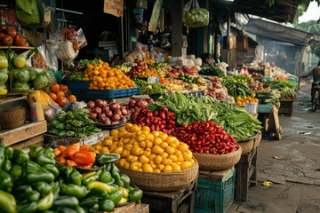 Colorful fresh produce displayed in baskets at a vibrant street market